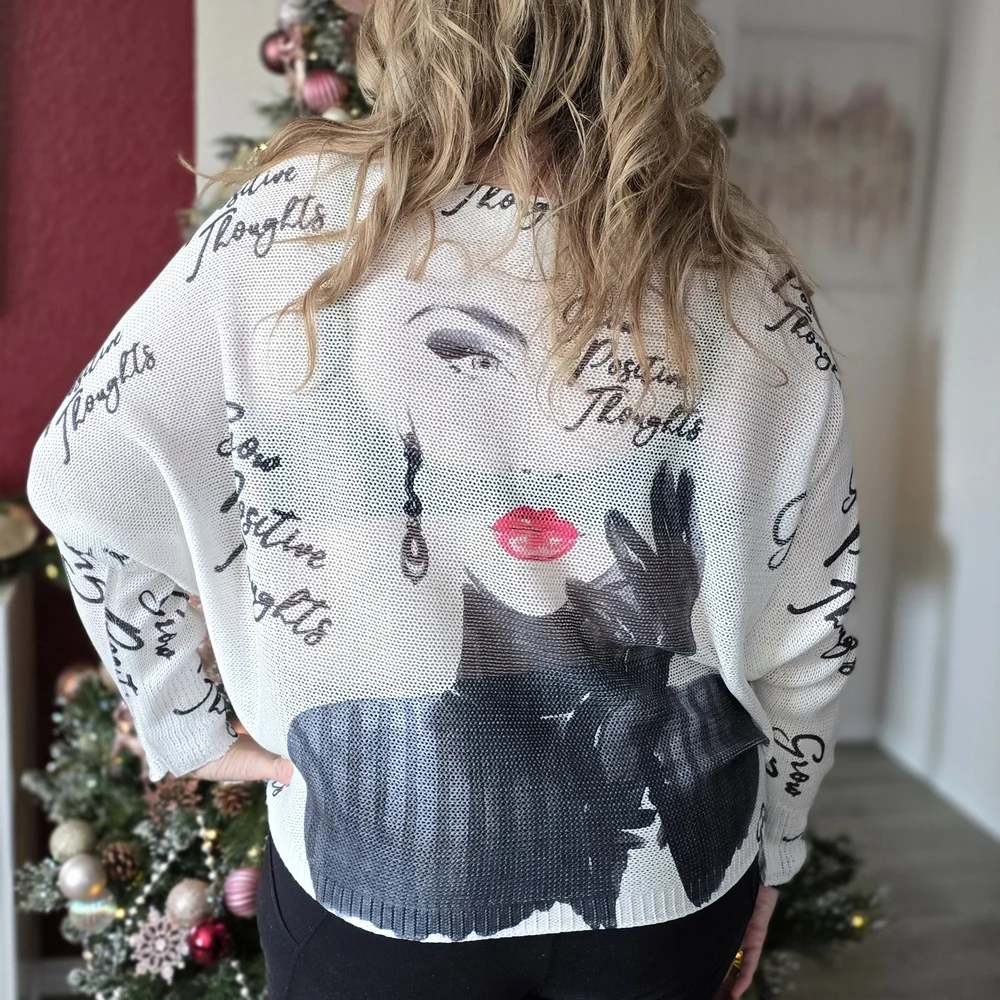 Women's Itailian GrowPositive Thoughts Graphic Batwing Sweater - White and Black - Picture 4 of 4